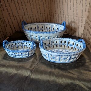 Blue and White Ceramic Lattice Serving Baskets - Set of 3